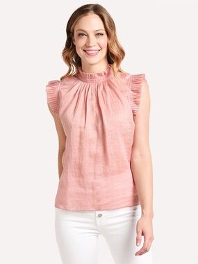Frame Peony Pink Sleeveless Ruffle Mock-Neck Top Size Small 100% Ramie EUC